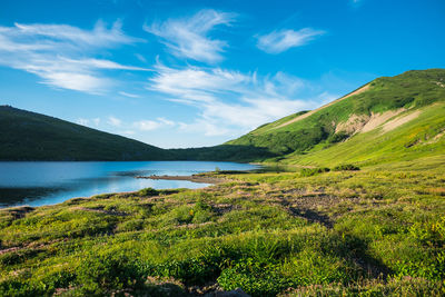 Scenic view of lake and mountains against sky