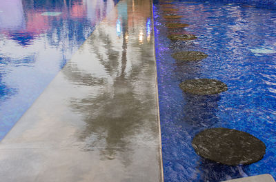 Reflection of blue sky in puddle