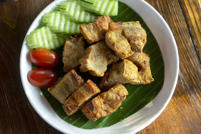 High angle view of food in plate on table