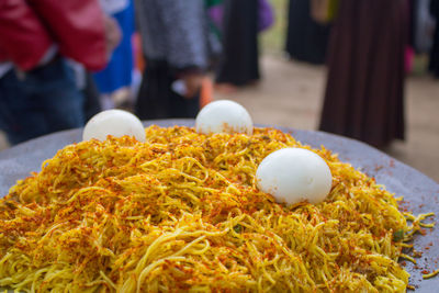 High angle view of food, noodles and eggs