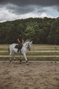 View of people riding horse on landscape against sky