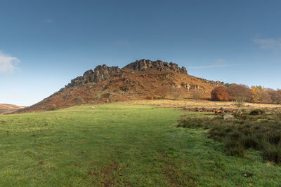 Scenic view of land and mountains against sky