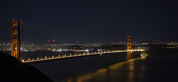 Illuminated suspension bridge in city at night