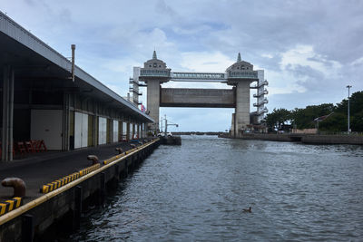 View of bridge over river against buildings