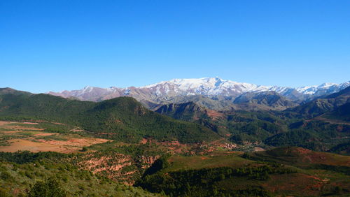 Scenic view of mountains against clear blue sky