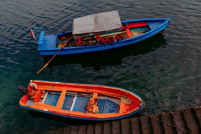 High angle view of boat moored in river