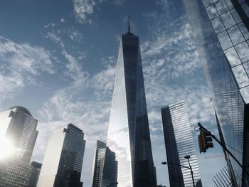 Low angle view of one world trade center against sky