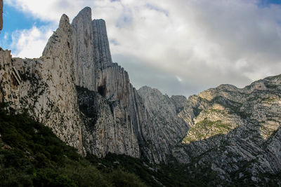 Low angle view of rock formations against sky