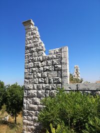 Low angle view of old building against blue sky