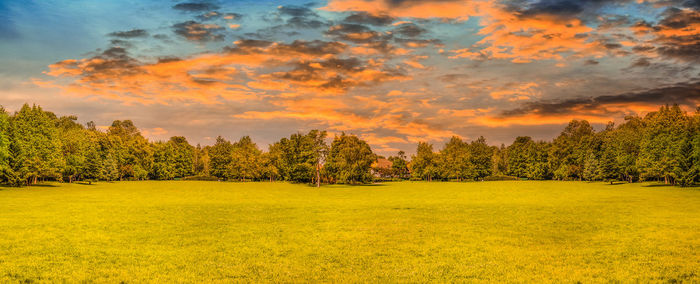 Scenic view of field against sky during sunset