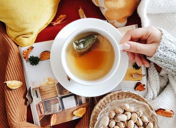 Directly above shot of woman holding tea cup