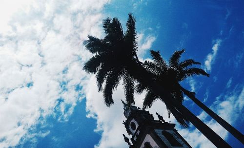 Low angle view of palm trees against cloudy sky