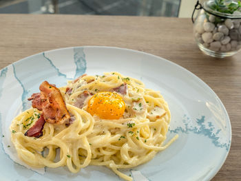 High angle view of breakfast served on table