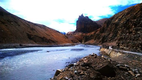 Scenic view of mountains against sky during winter