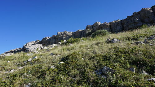 Low angle view of mountain against clear blue sky