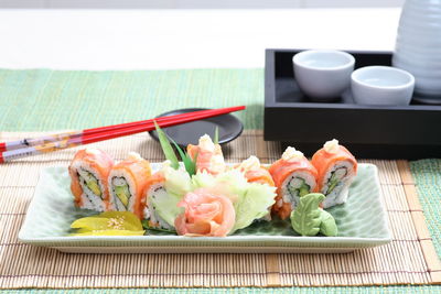 Close-up of sushi served on table