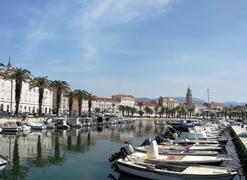 Boats moored at harbor with buildings in background