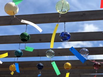 Low angle view of lighting equipment hanging against ceiling