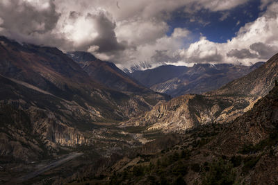 Scenic view of mountains against cloudy sky