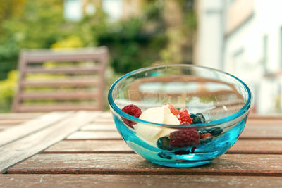Close-up of drink in glass bowl on table