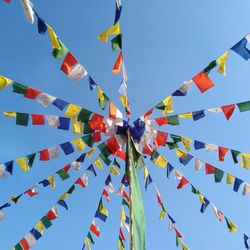 Low angle view of flags against clear sky