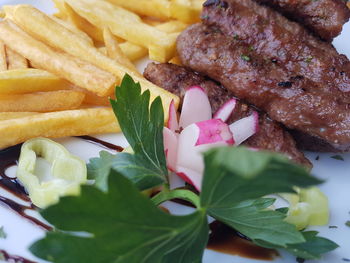 Close-up of meat and french fries served in plate