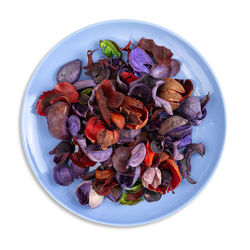 High angle view of fruits in plate on table