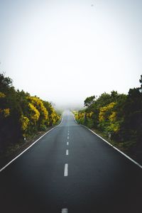 Empty road along trees and against clear sky