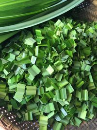 High angle view of chopped vegetables in container