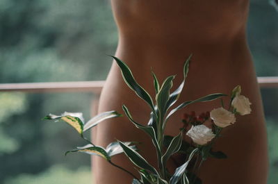 Close-up of flowers with naked woman standing in background