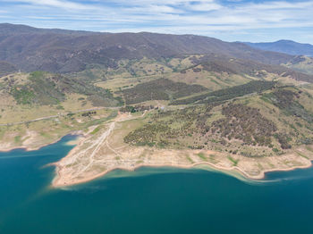 Drone view of blowering reservoir near tumut, snowy mountains, new south wales, australia at drought