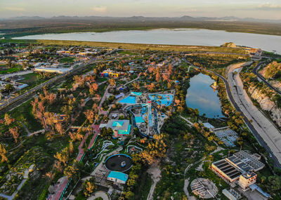 High angle shot of townscape against sky