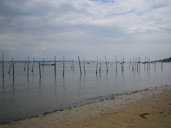 Scenic view of beach against cloudy sky