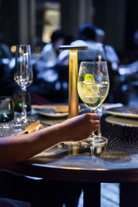 Glass of wine on table in restaurant