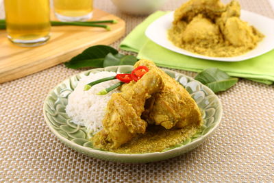 Close-up of meal served on table