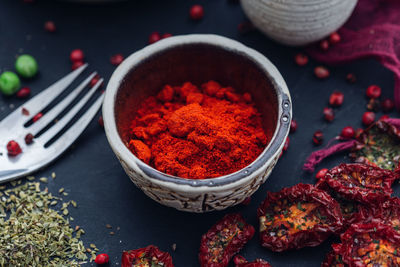 Close-up of red chili peppers in bowl on table