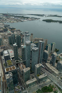 High angle view of modern buildings in city