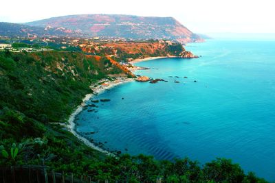 High angle view of bay against sky