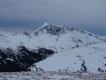 Scenic view of snow covered mountains against sky