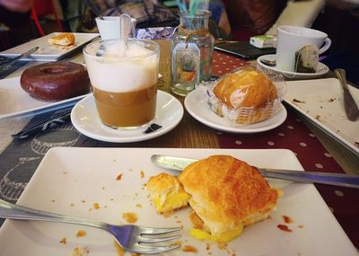 High angle view of breakfast served on table