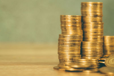 Close-up of coins on table