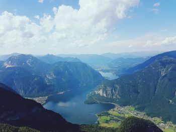 Scenic view of lake and mountains against sky