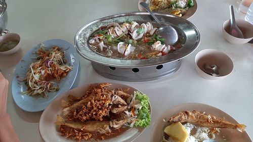 High angle view of food served on table