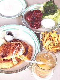 High angle view of meal served on table