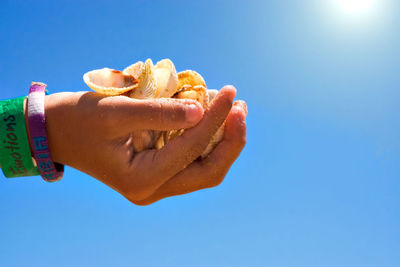 Close-up of hand holding blue sky