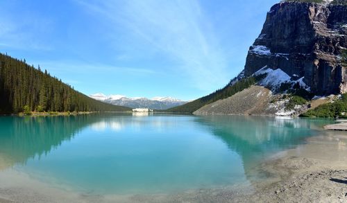 Scenic view of lake by mountains against sky