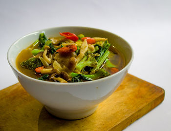 High angle view of salad in bowl on table