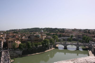 Bridge over river amidst buildings in city against clear sky