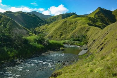 Scenic view of river amidst mountains against sky