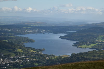 Aerial view of landscape and sea against sky